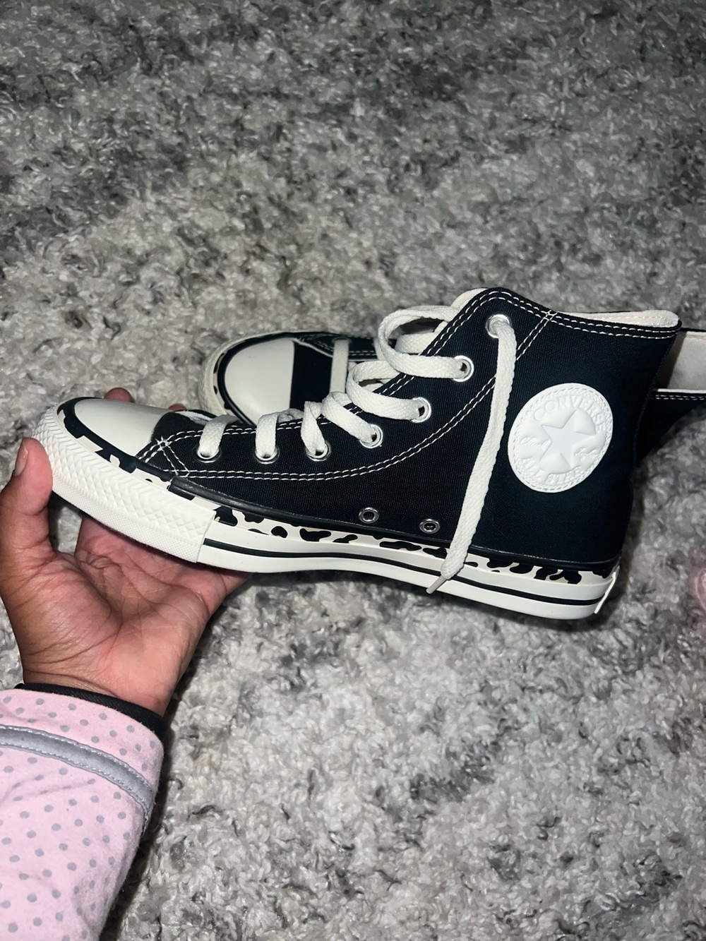 Converse women’s Black and White High-Top Sneakers with leopard Midsole 7.5